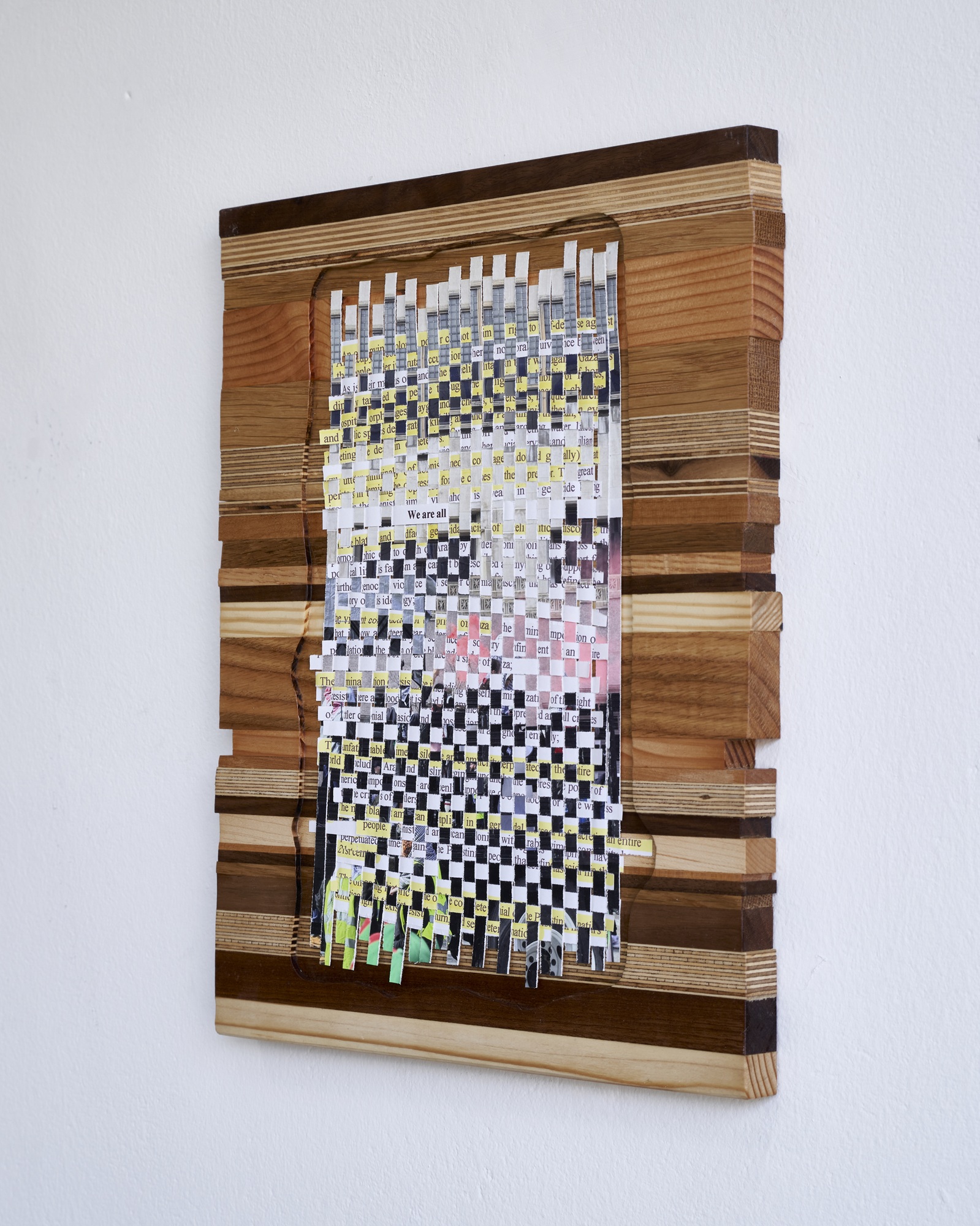 We Are All ___________, 2026, 사진, 발견된 글, 형광펜, 나무, 36.2x29.5x1.9cm