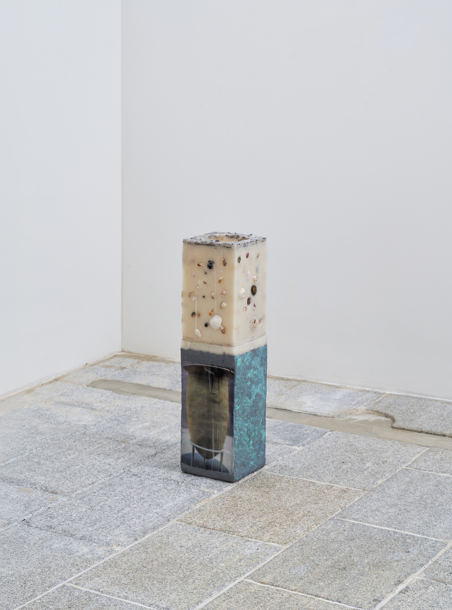 Snake Motif Vessel, 2026, Cardboard box, printed image, beeswax, oil-based modeling clay, tile, seashell, barley, corn, 18.5x19x61.5cm